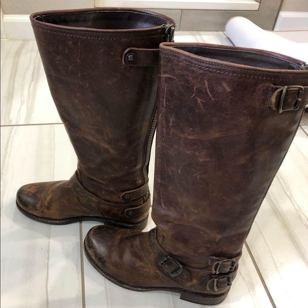 FRYE Long Veronica Back Zip Boot |  Dark Brown Antique Leather | Size 8